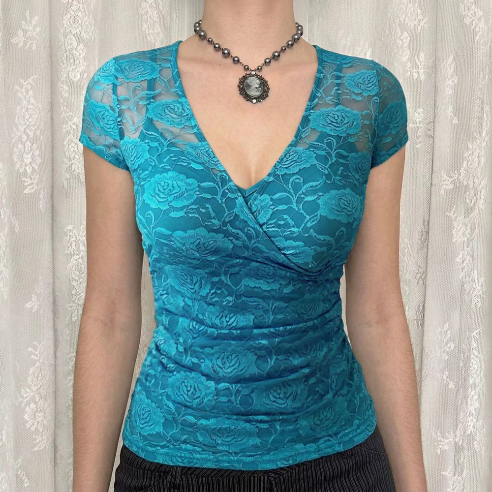 Zara Vintage Rose Floral Sheer Lace Short Sleeve Top Romantic Summer